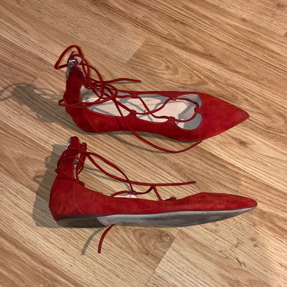 J. Crew Leather Lace Up Point Toe Suede Leather Ballet Flats Red sz 7